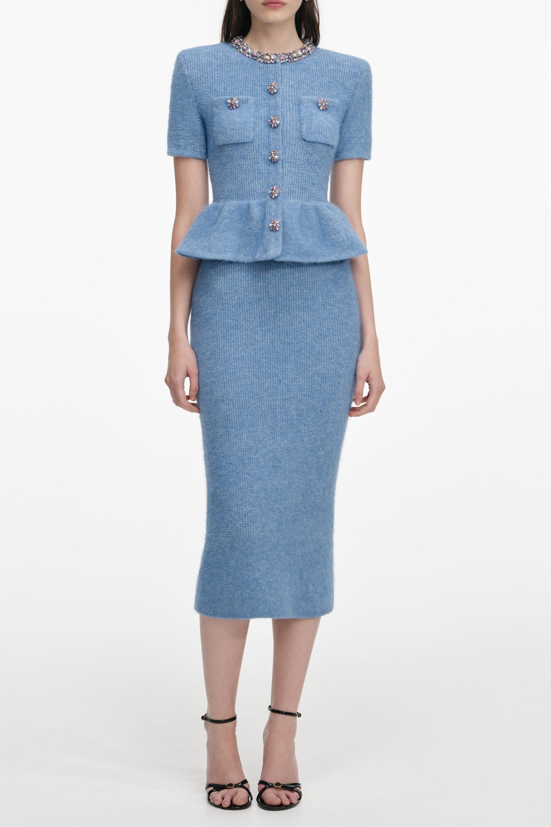 Rhinestone Peplum Knit Midi Dress in Blue