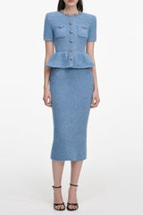 Rhinestone Peplum Knit Midi Dress in Blue