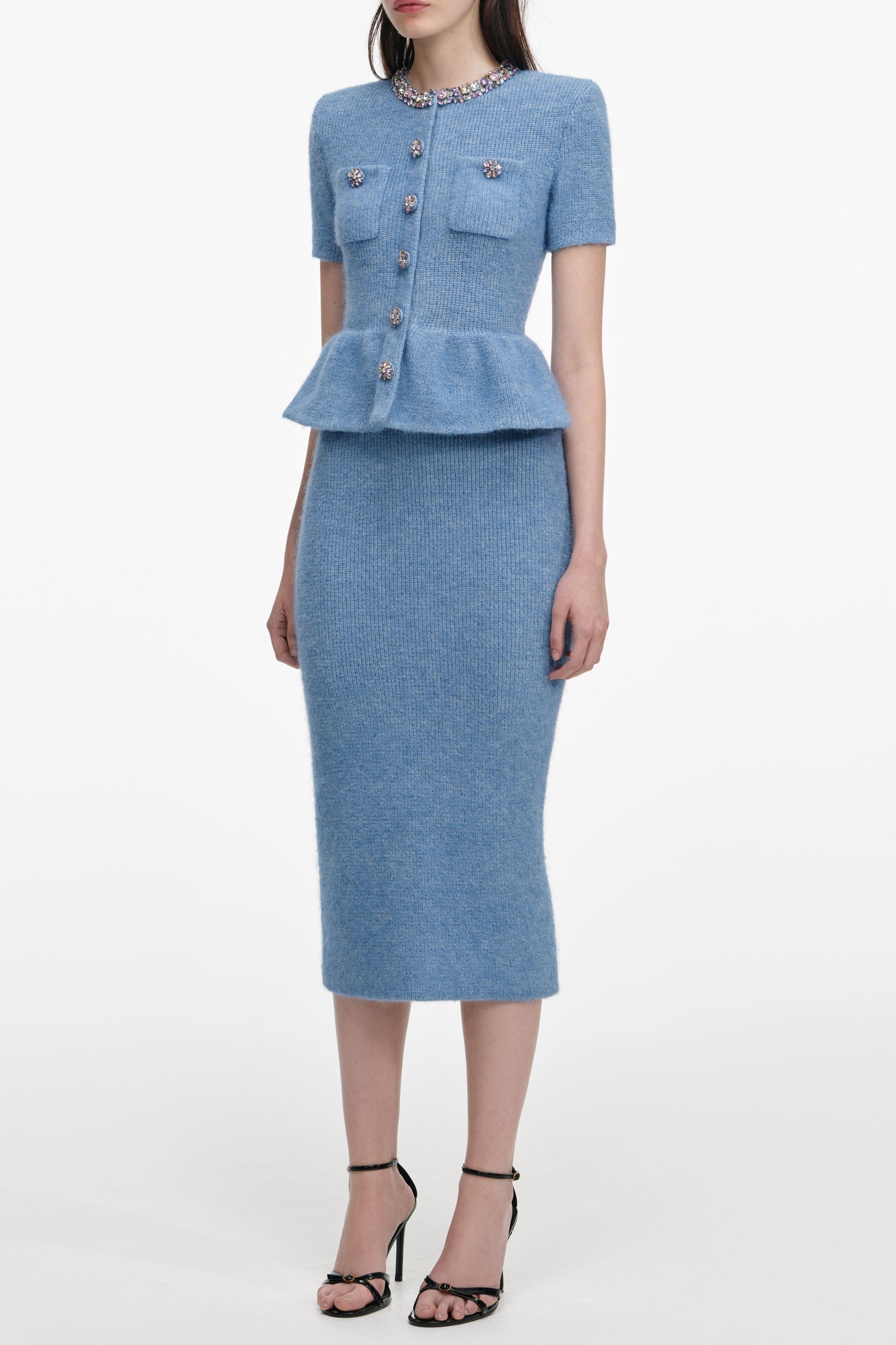 Rhinestone Peplum Knit Midi Dress in Blue
