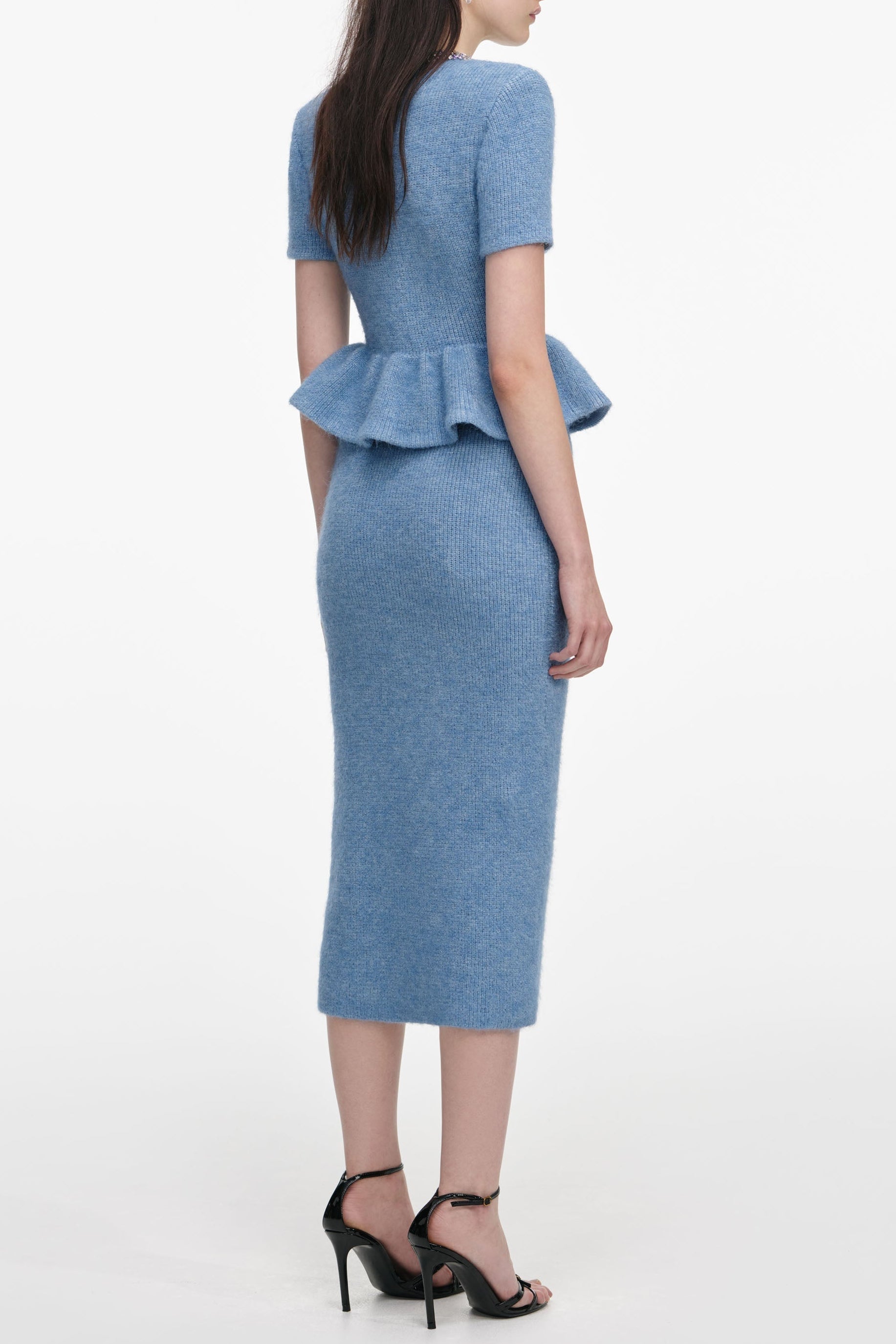 Rhinestone Peplum Knit Midi Dress in Blue