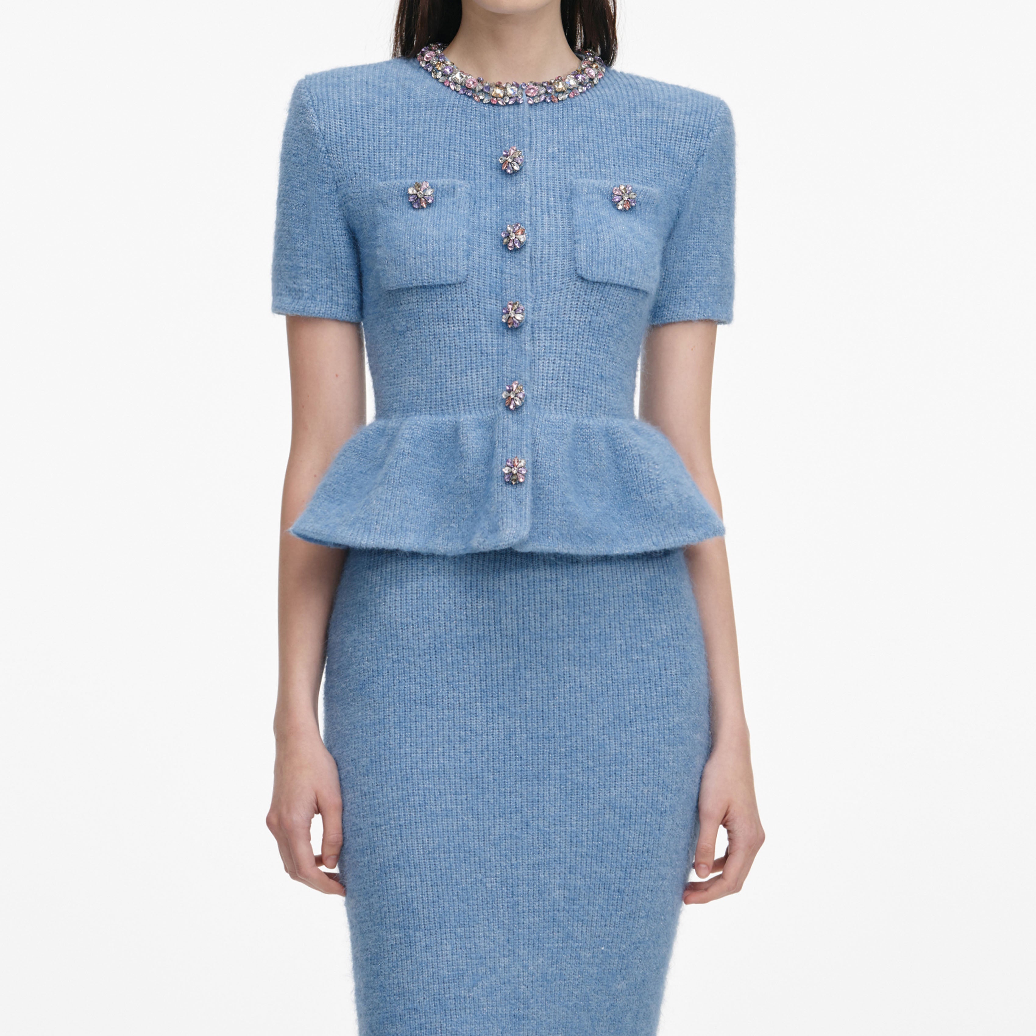 Rhinestone Peplum Knit Midi Dress in Blue