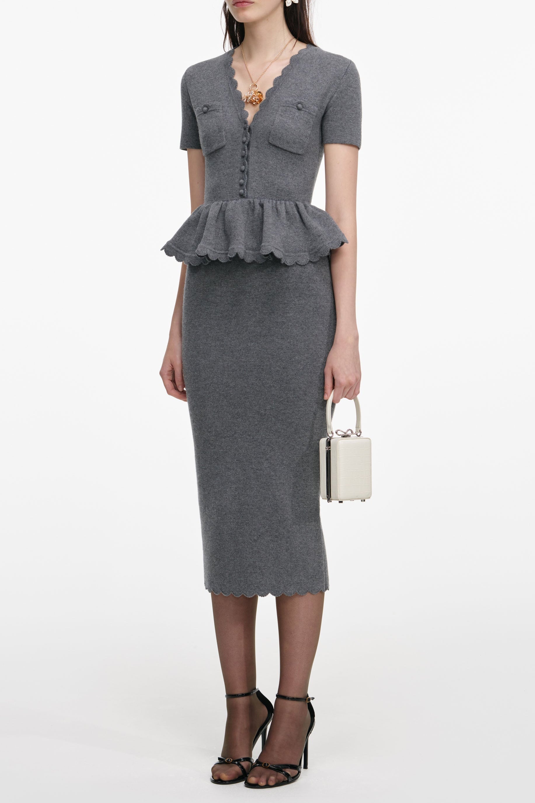 V-Neck Peplum Knit Midi Dress in Grey