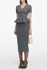 V-Neck Peplum Knit Midi Dress in Grey