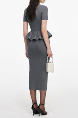 V-Neck Peplum Knit Midi Dress in Grey