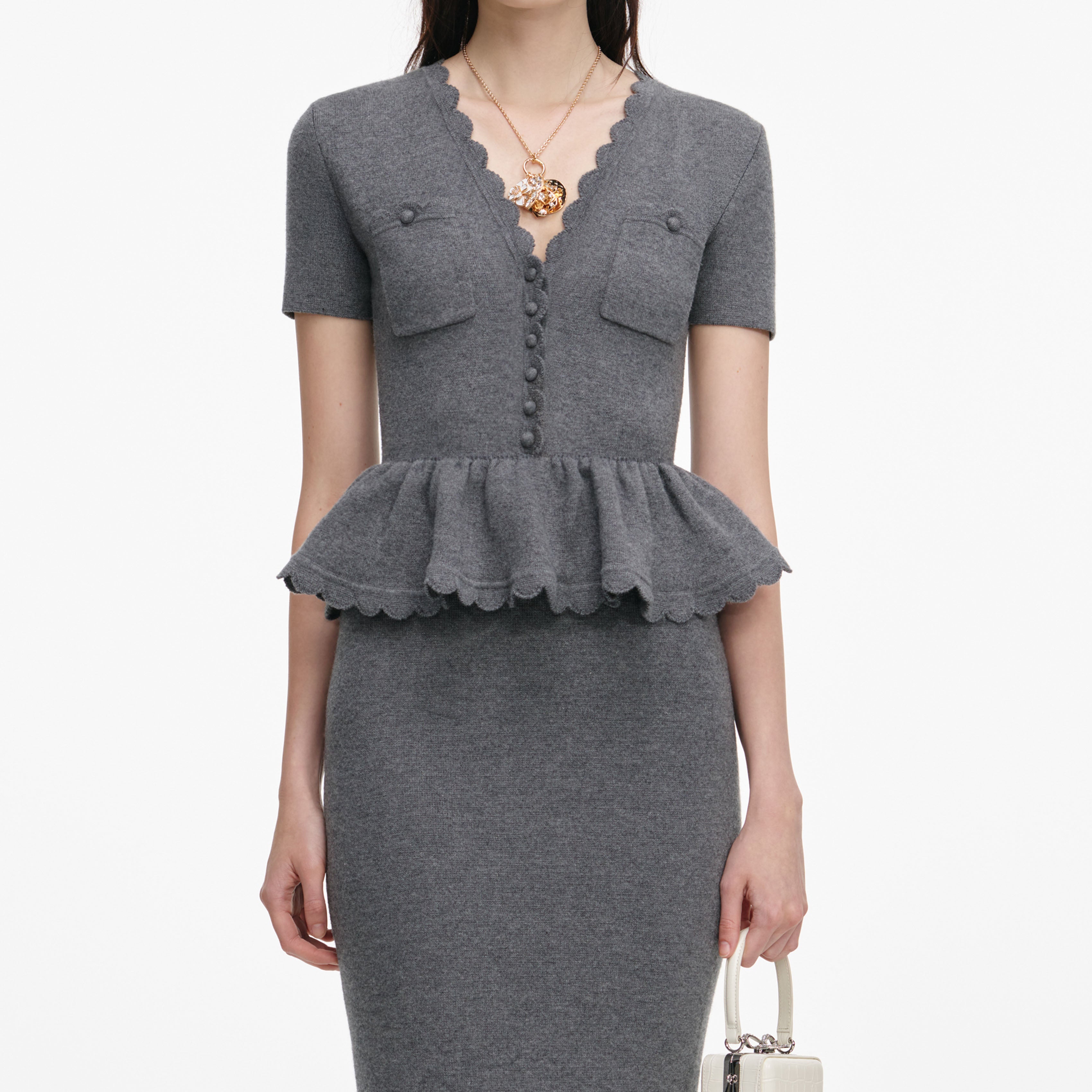 V-Neck Peplum Knit Midi Dress in Grey
