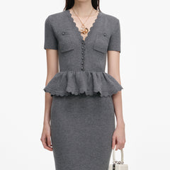 V-Neck Peplum Knit Midi Dress in Grey