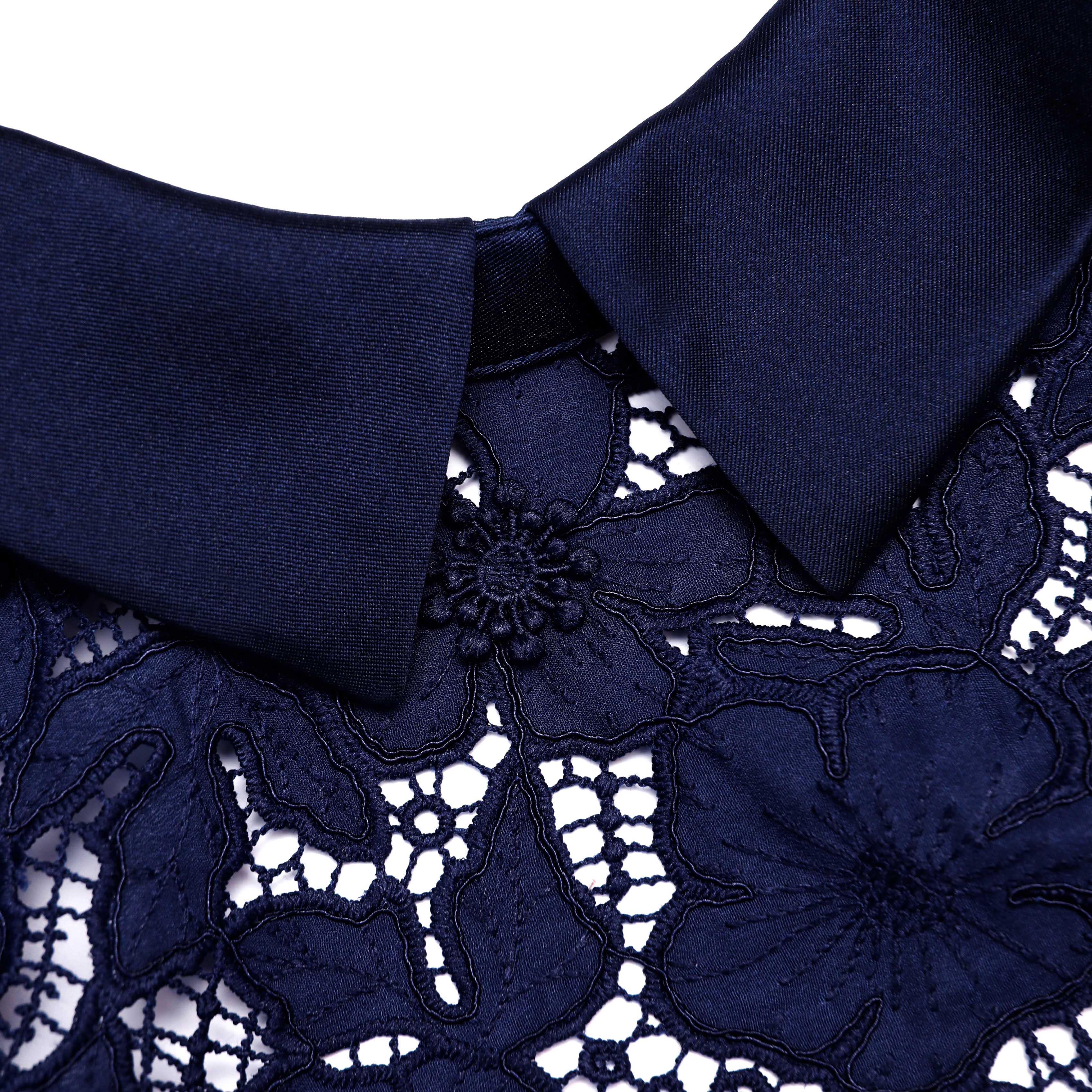 Navy Blue Guipure Lace Hollow Midi Dress