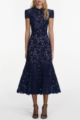Navy Blue Guipure Lace Hollow Midi Dress