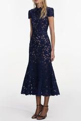 Navy Blue Guipure Lace Hollow Midi Dress