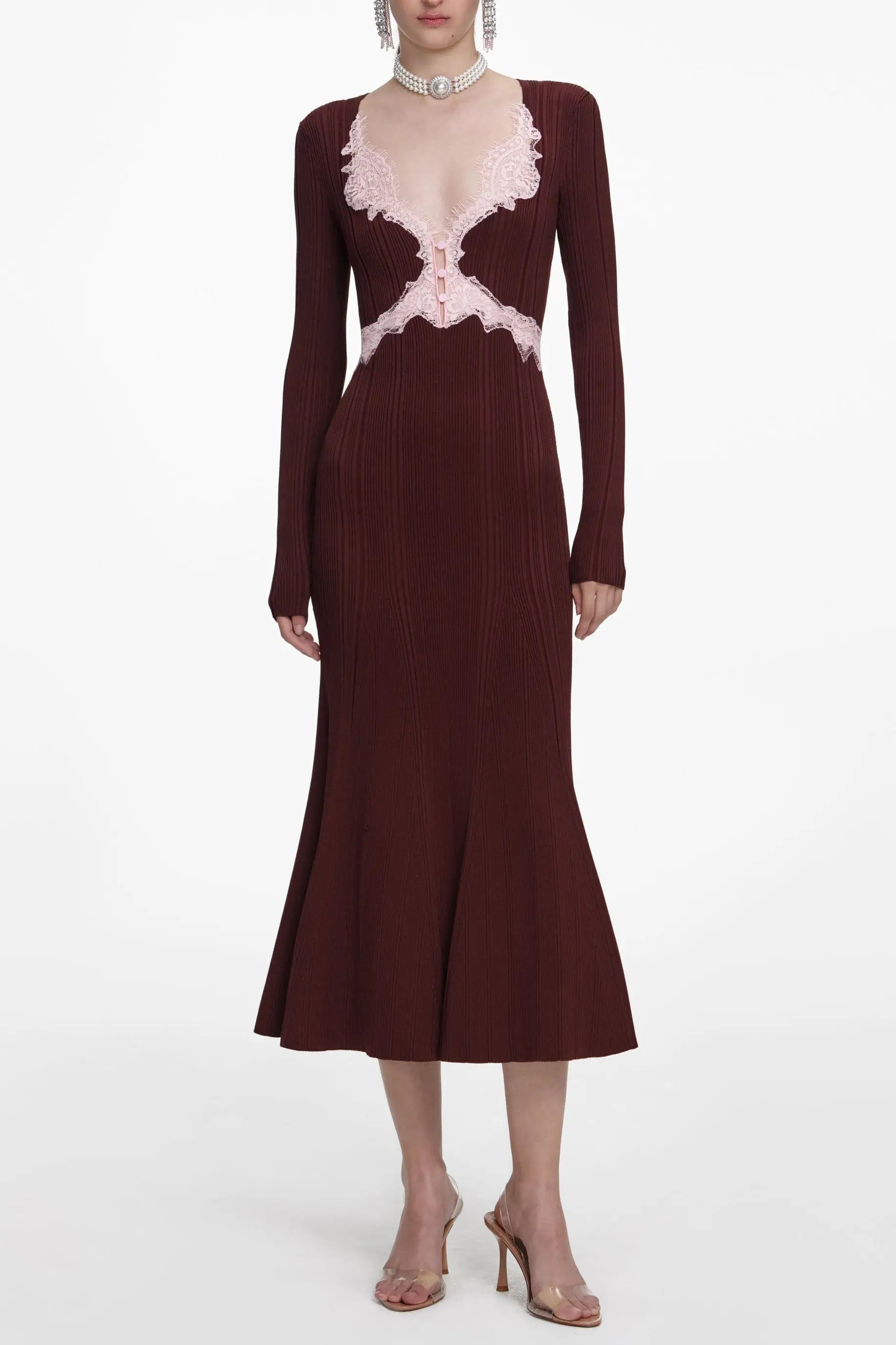 Brown Contrast Lace Knit Midi Dress