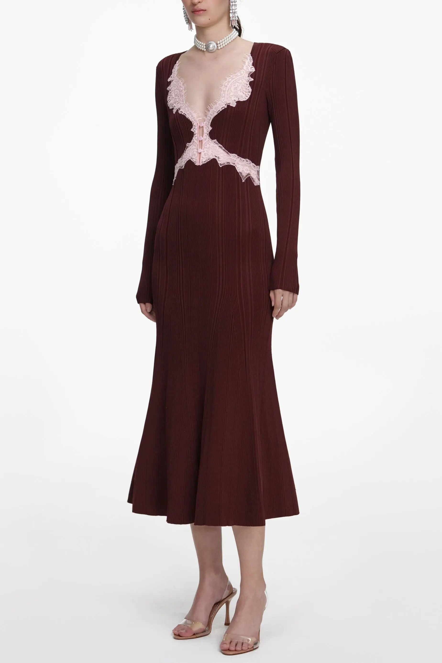 Brown Contrast Lace Knit Midi Dress