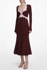 Brown Contrast Lace Knit Midi Dress