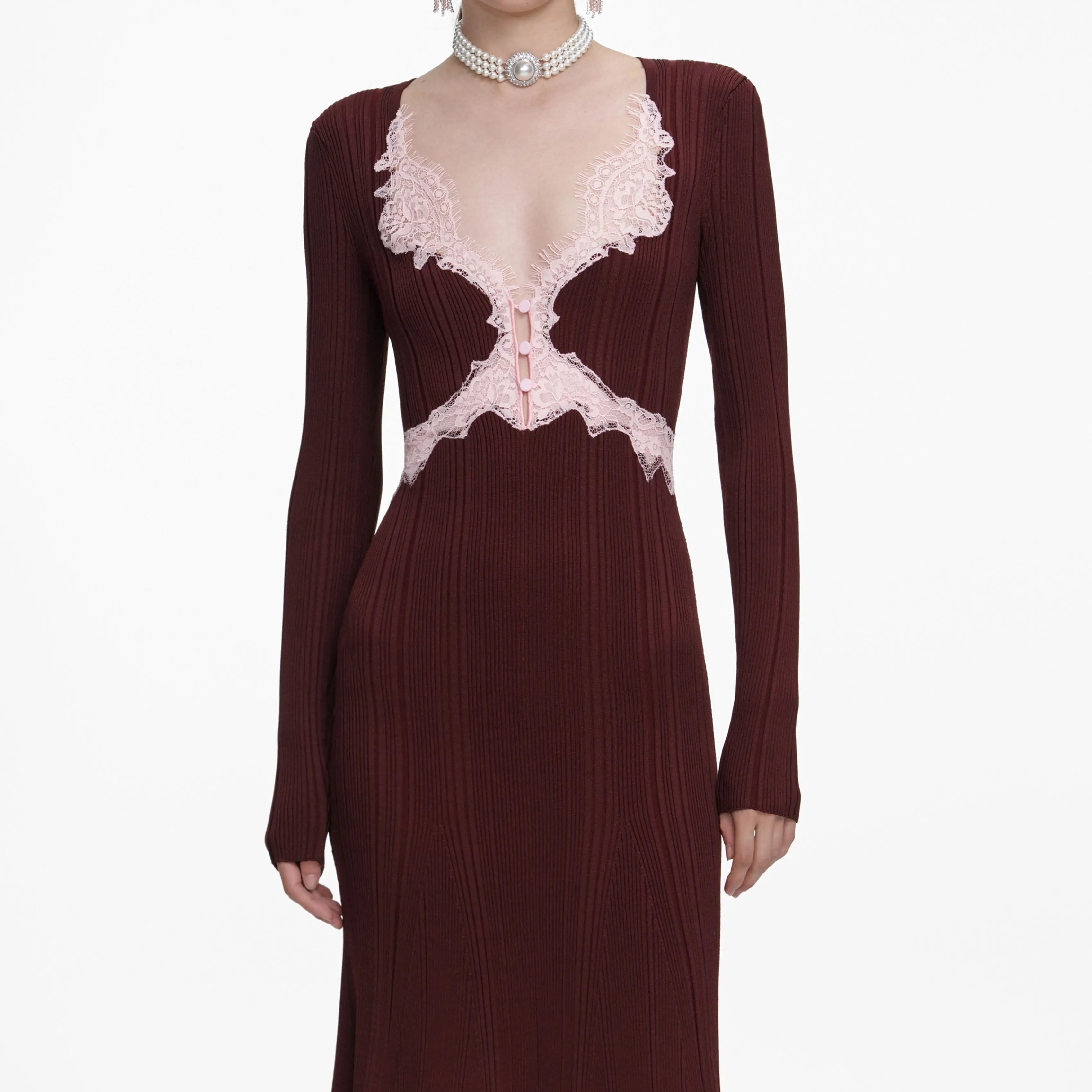 Brown Contrast Lace Knit Midi Dress