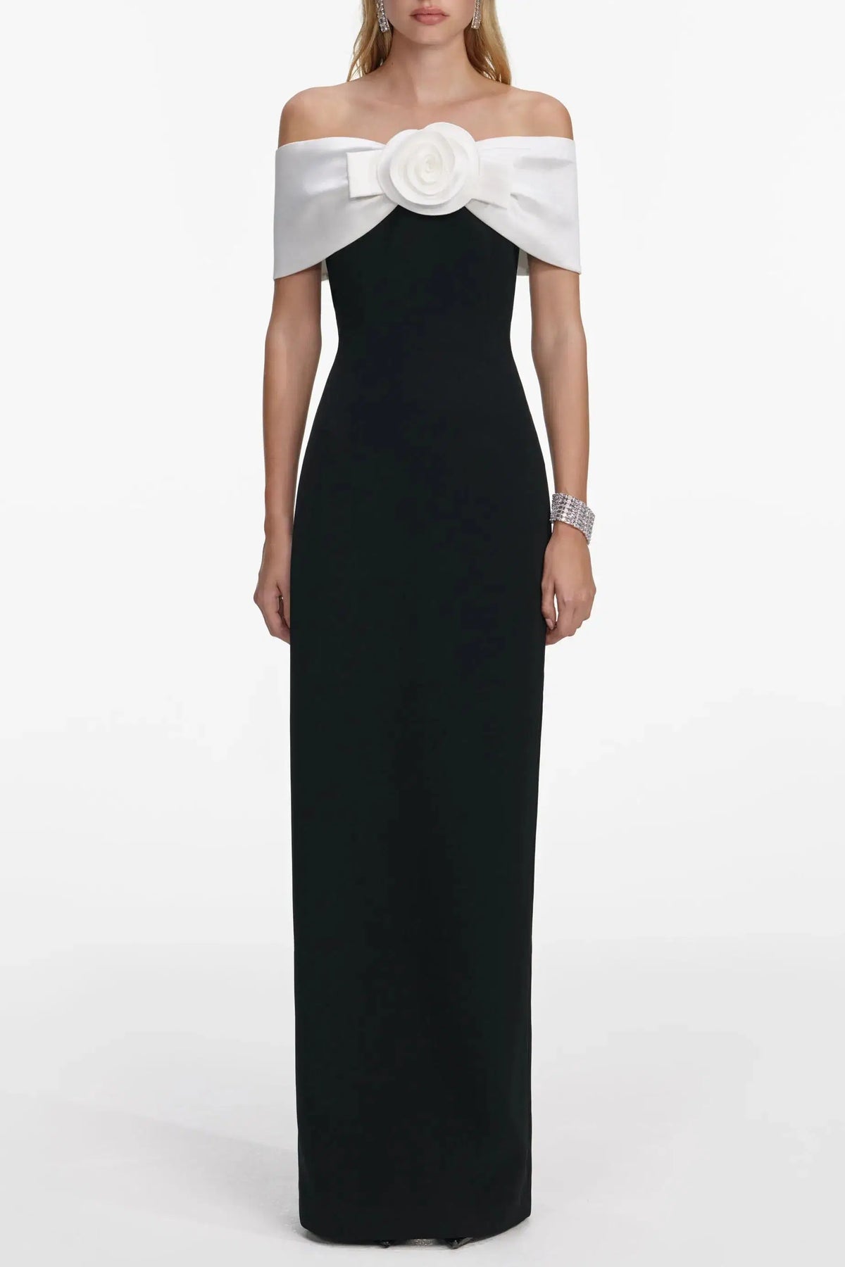 Off-Shoulder 3D Flower Maxi Dress in Black