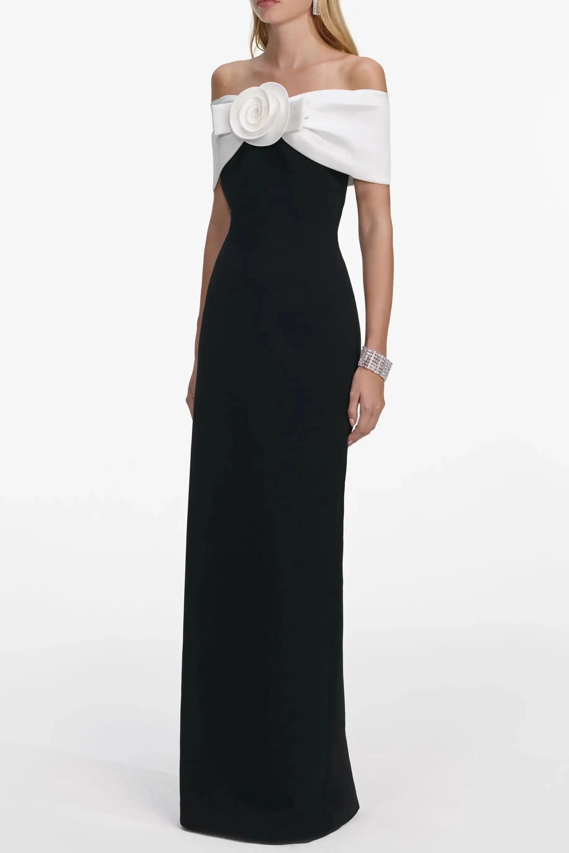 Off-Shoulder 3D Flower Maxi Dress in Black