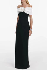 Off-Shoulder 3D Flower Maxi Dress in Black