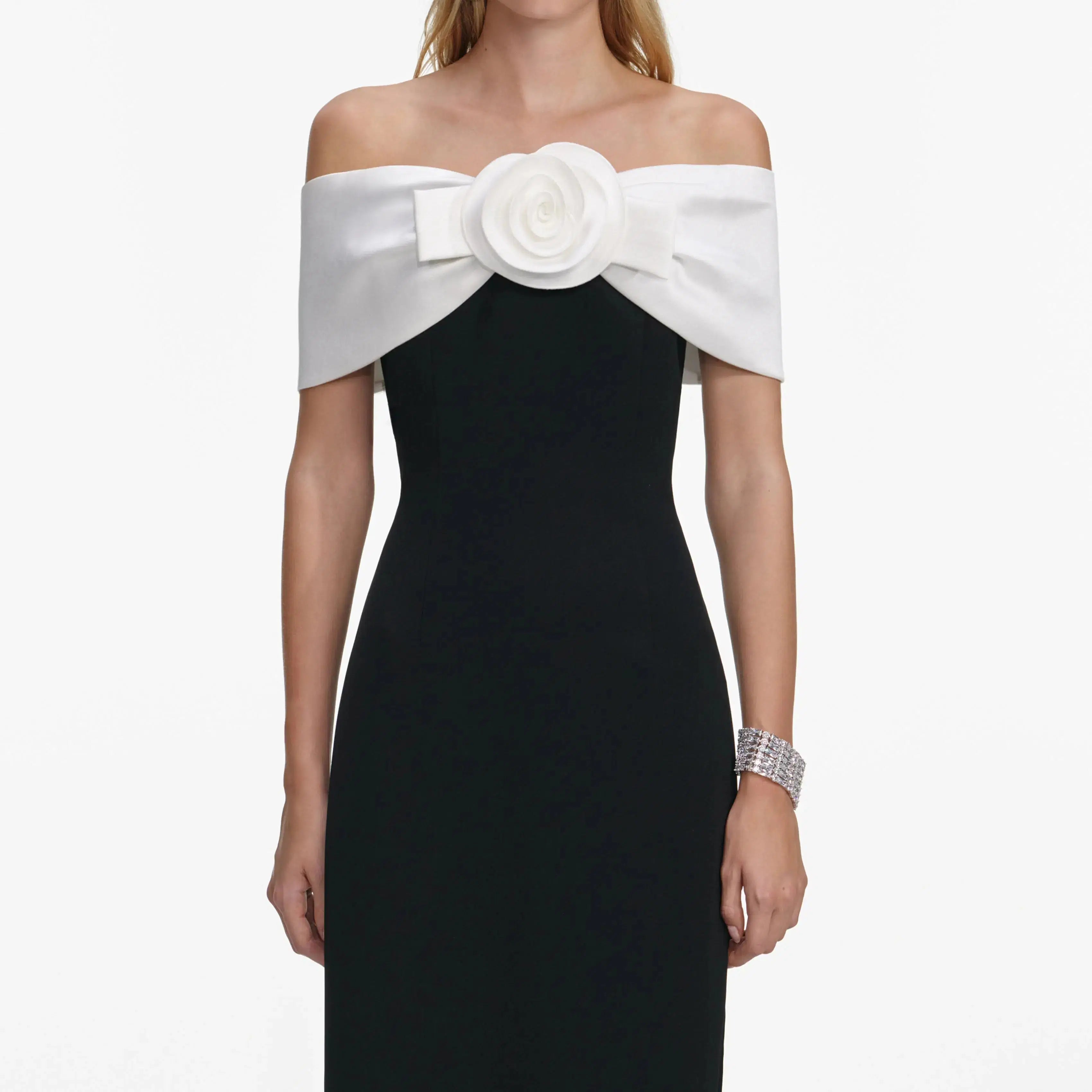 Off-Shoulder 3D Flower Maxi Dress in Black