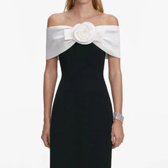 Off-Shoulder 3D Flower Maxi Dress in Black