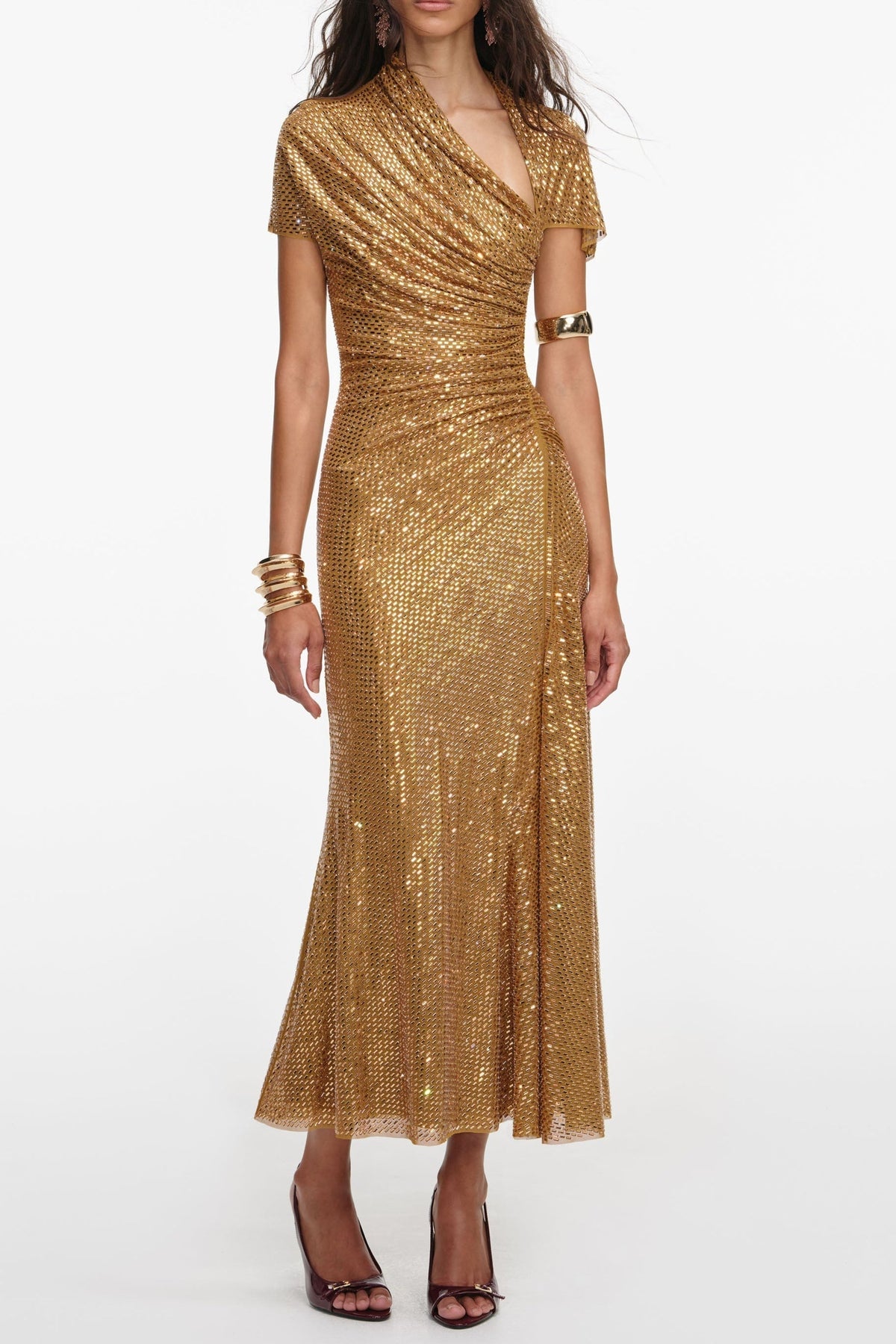 Gold Rhinestone Drape Cutout Maxi Dress