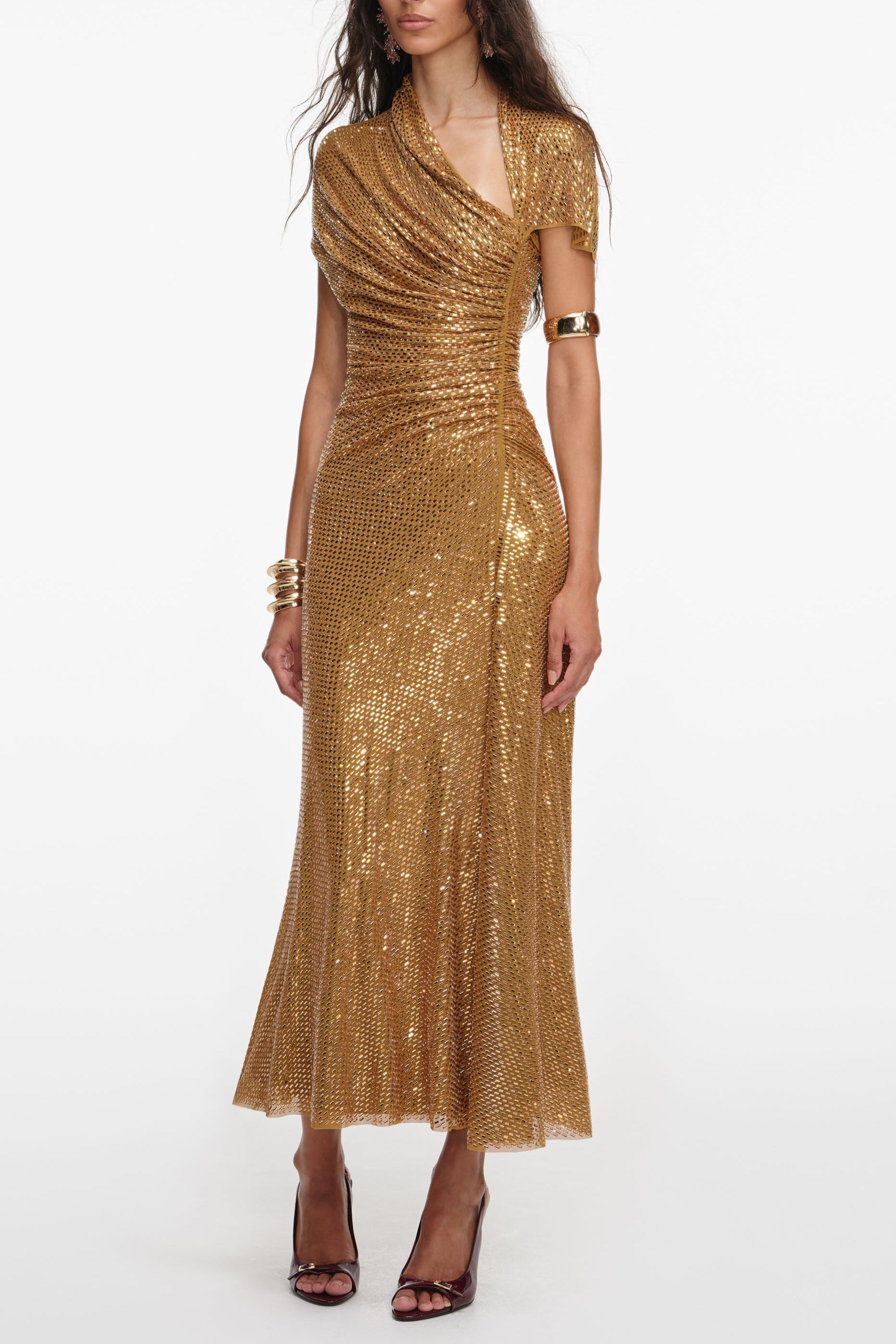 Gold Rhinestone Drape Cutout Maxi Dress