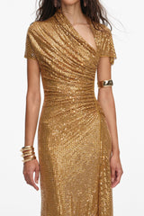 Gold Rhinestone Drape Cutout Maxi Dress