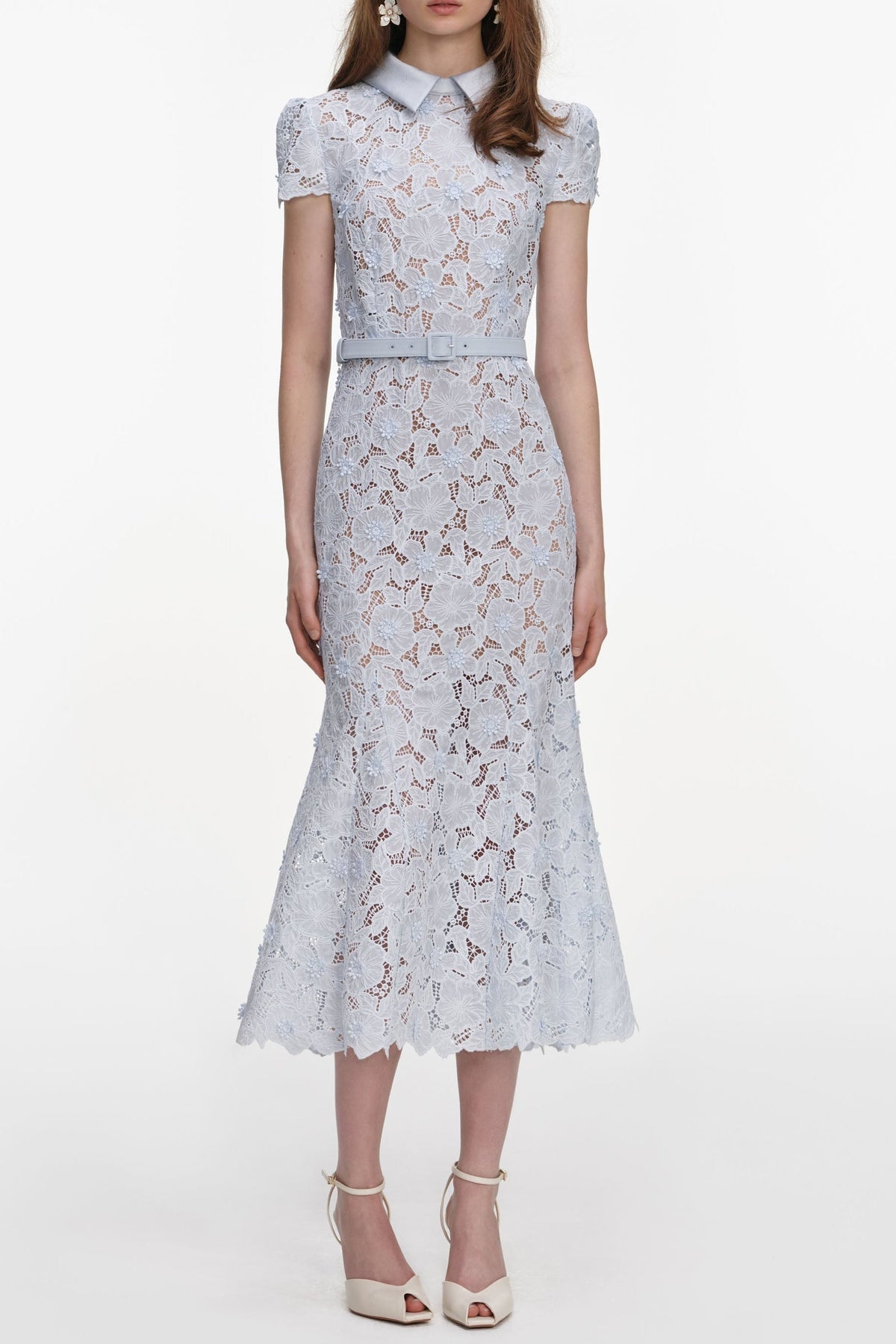 Blue Guipure Lace hollow Midi Dress