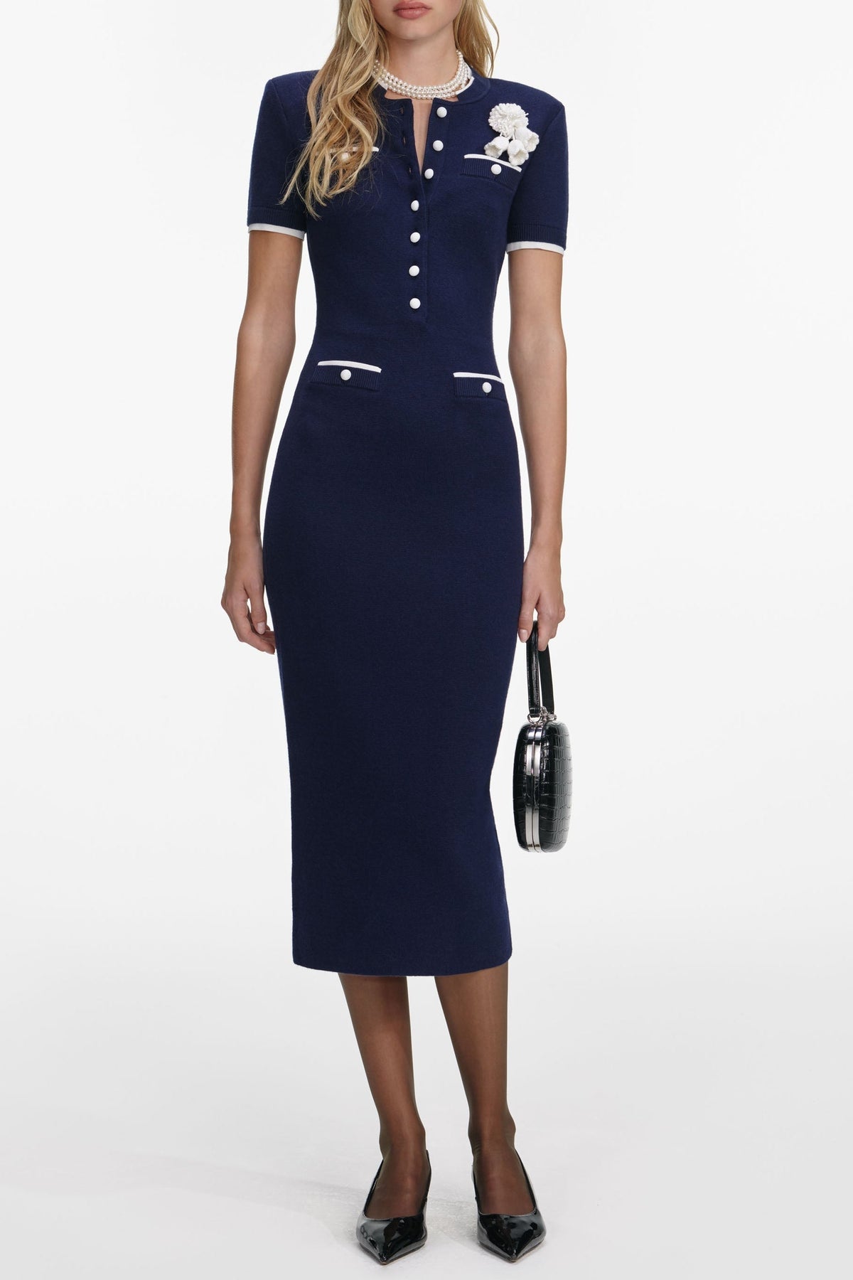 Navy Flower Knit Midi Dress