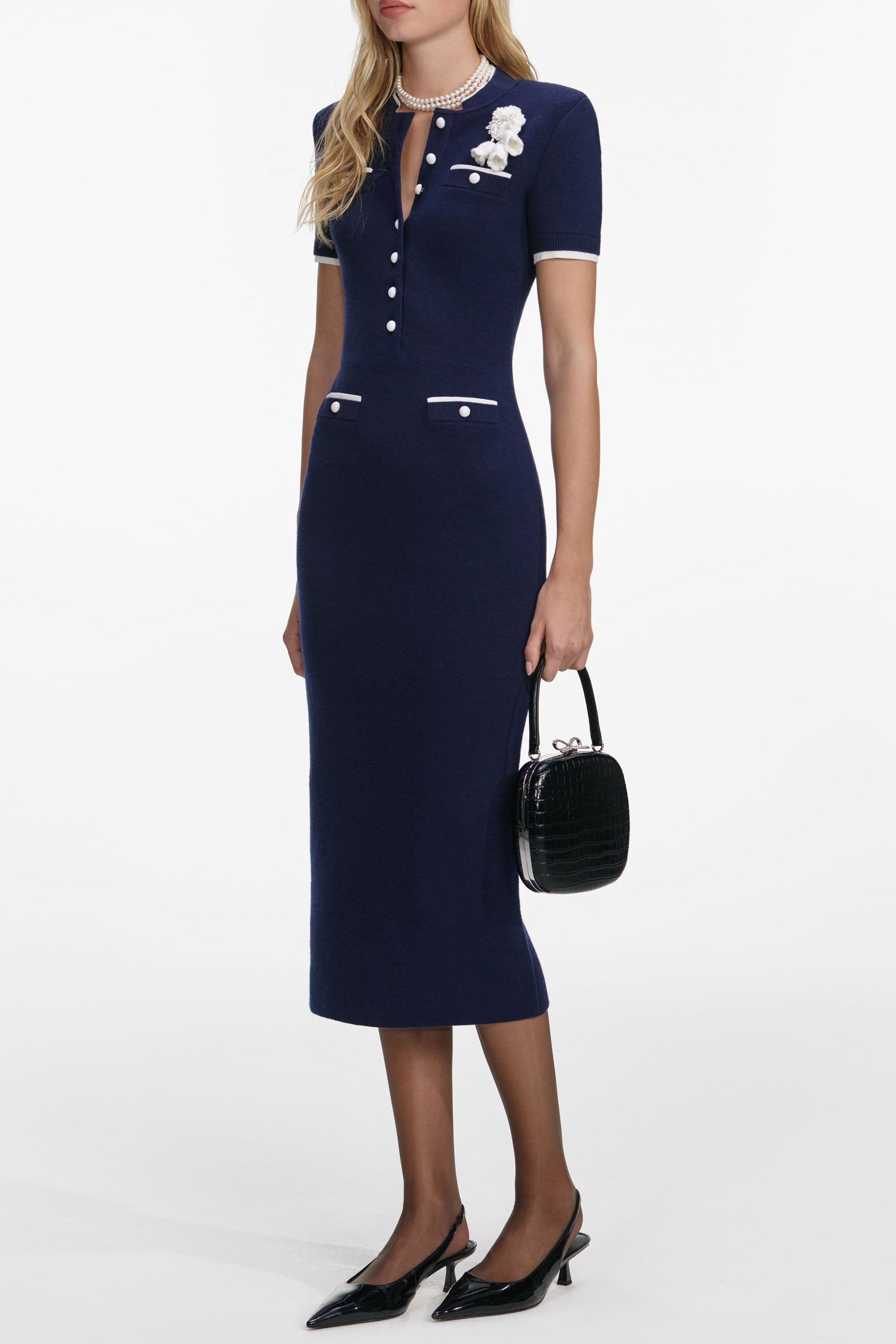 Navy Flower Knit Midi Dress