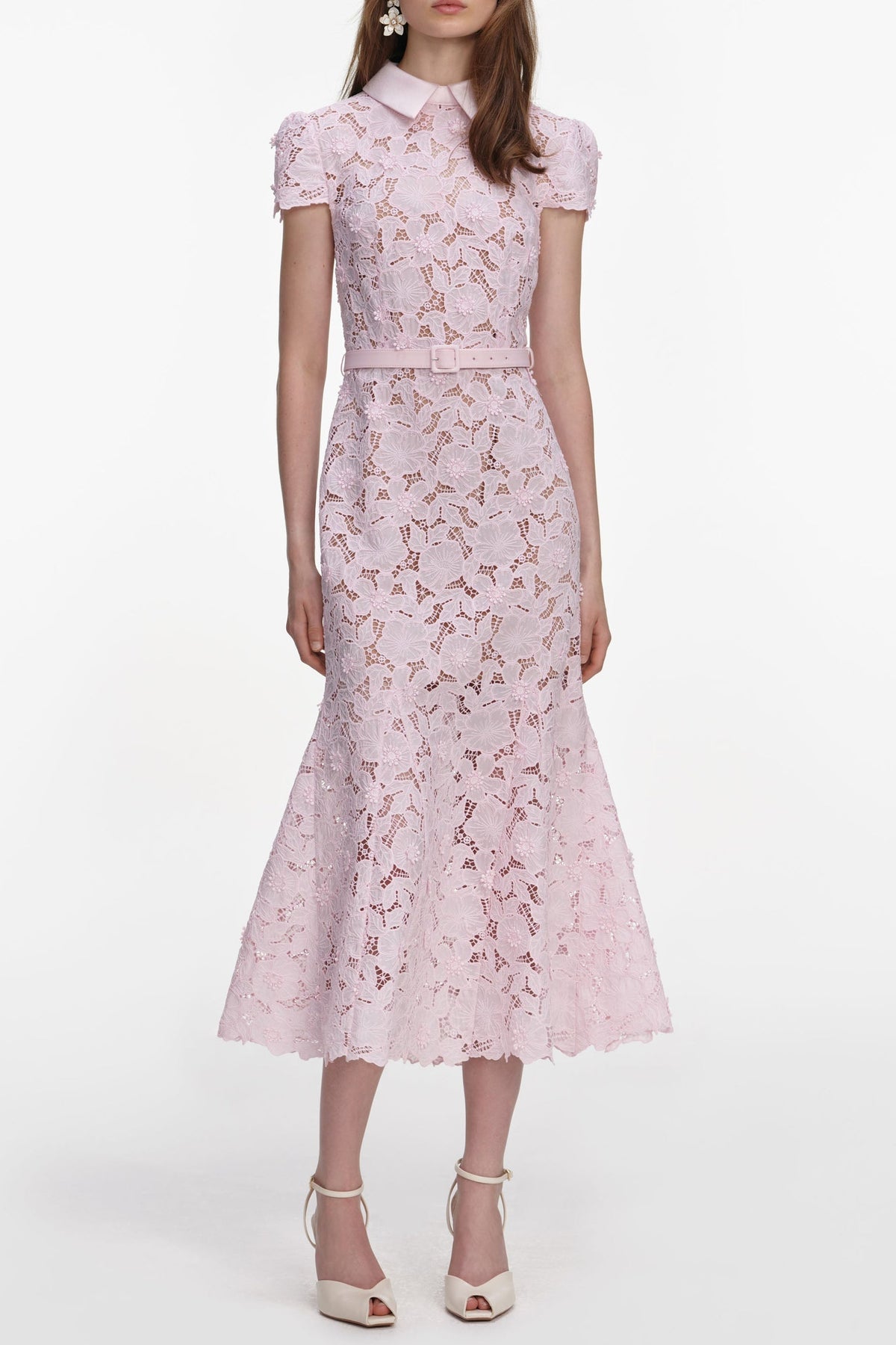 Pink Guipure Lace Hollow Midi Dress