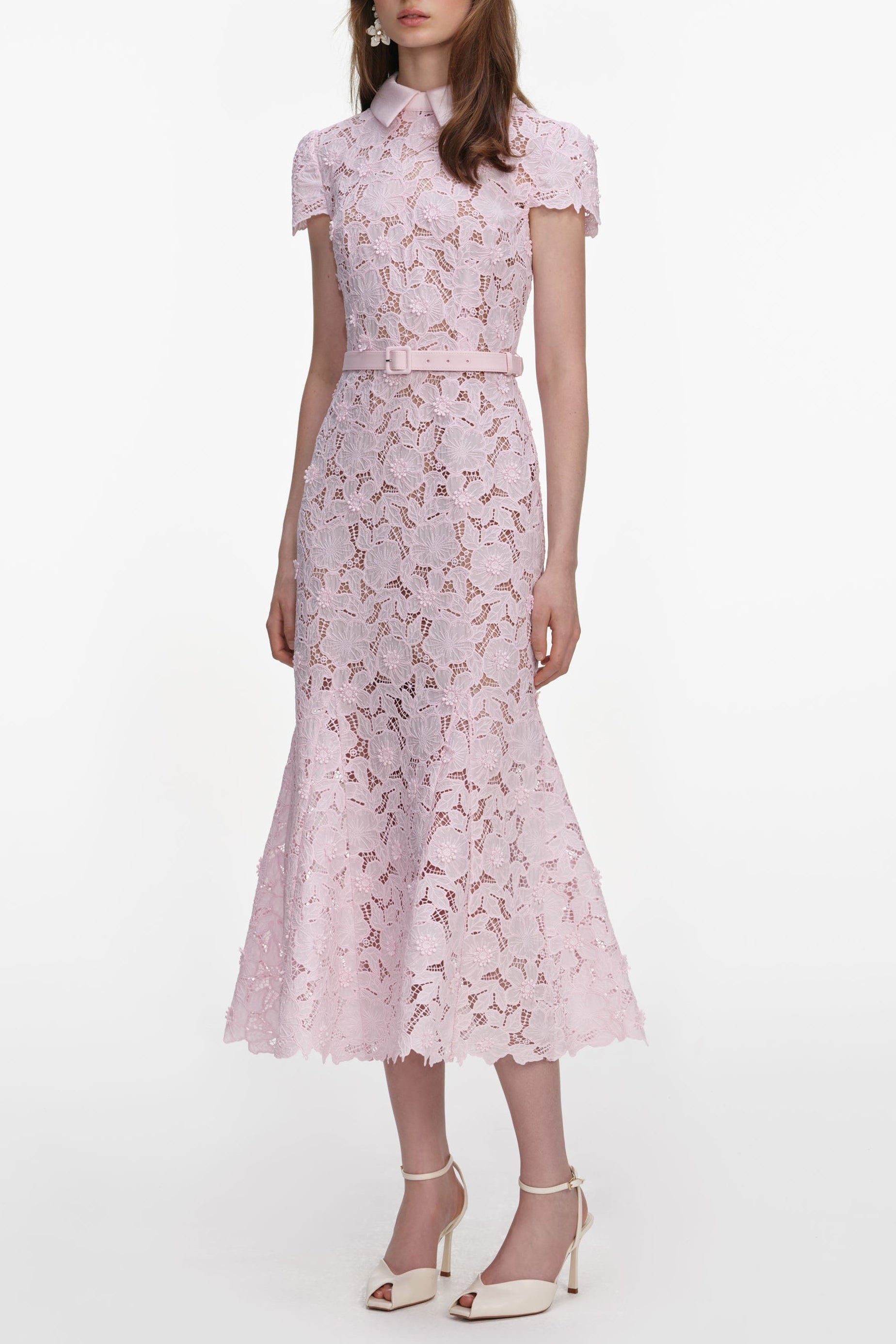Pink Guipure Lace Hollow Midi Dress
