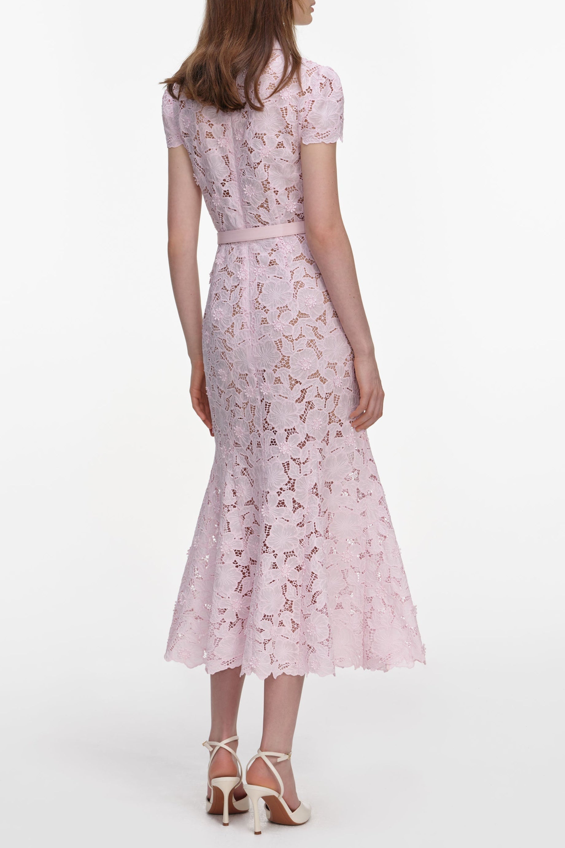 Pink Guipure Lace Hollow Midi Dress
