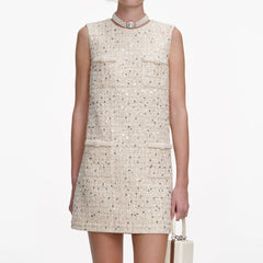 Cream Embellished Boucle Mini Dress