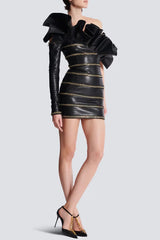 One Shoulder Leather Ruffle Mini Dress