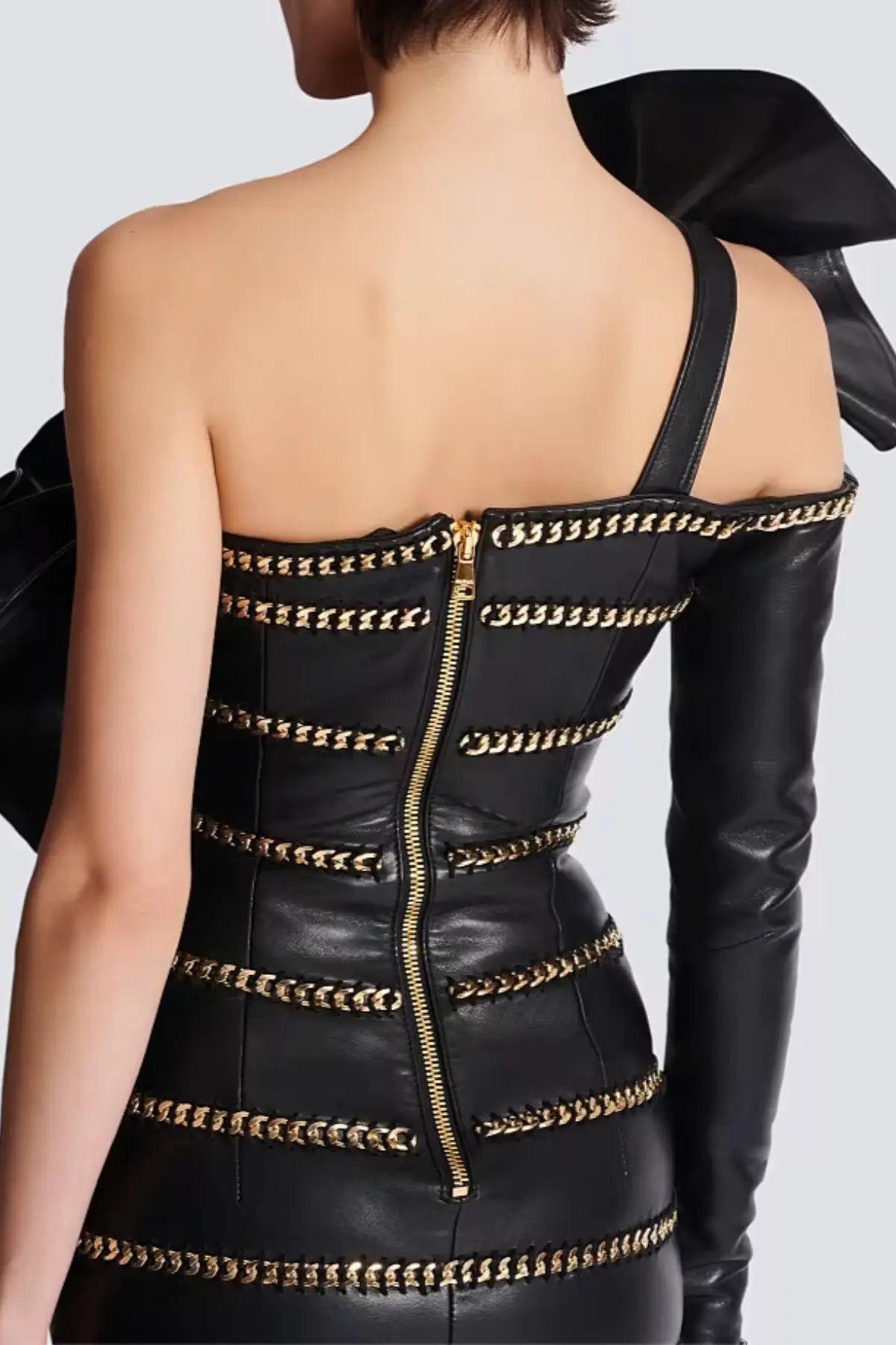 One Shoulder Leather Ruffle Mini Dress