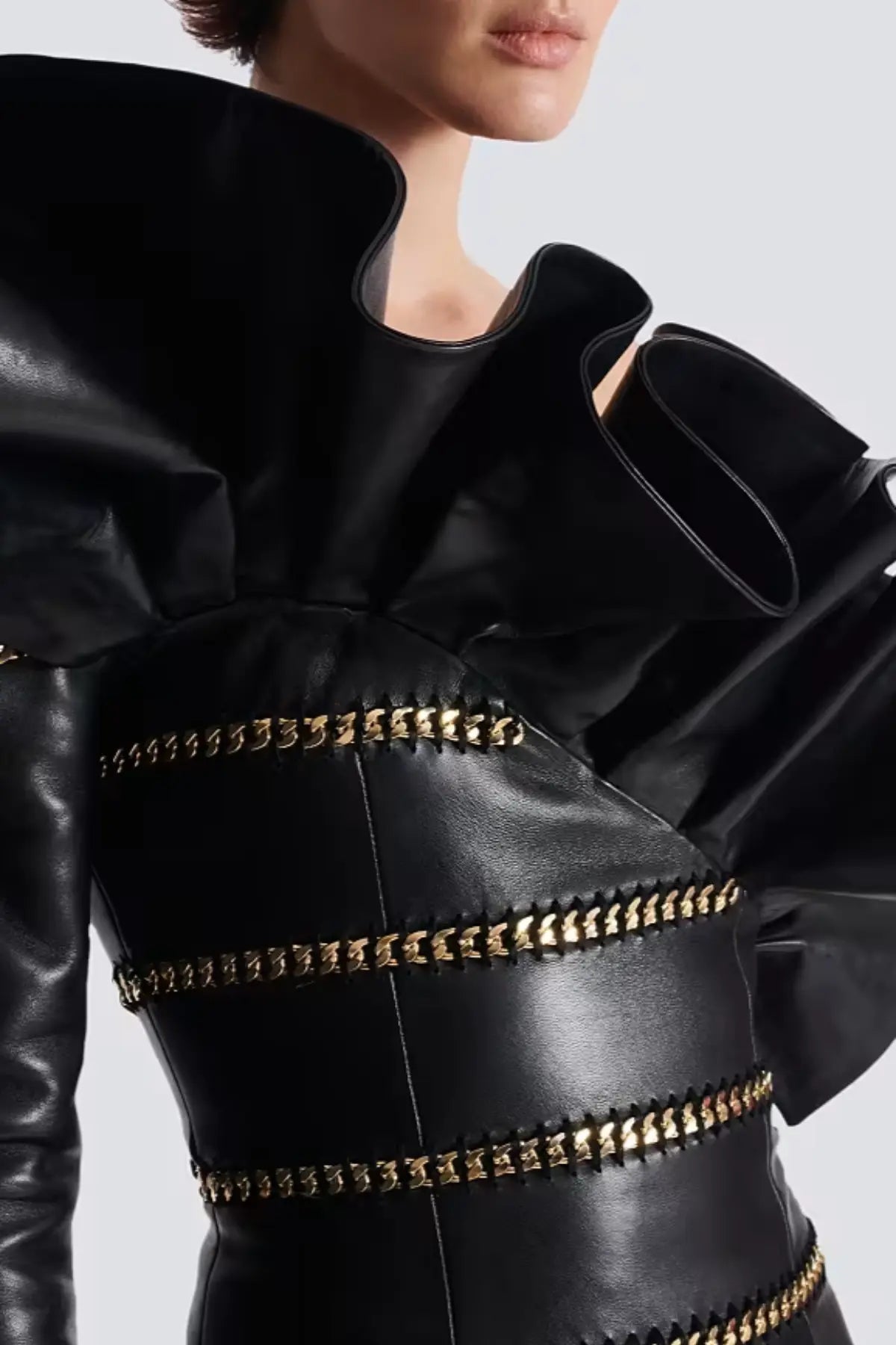 One Shoulder Leather Ruffle Mini Dress