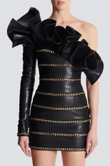 One Shoulder Leather Ruffle Mini Dress
