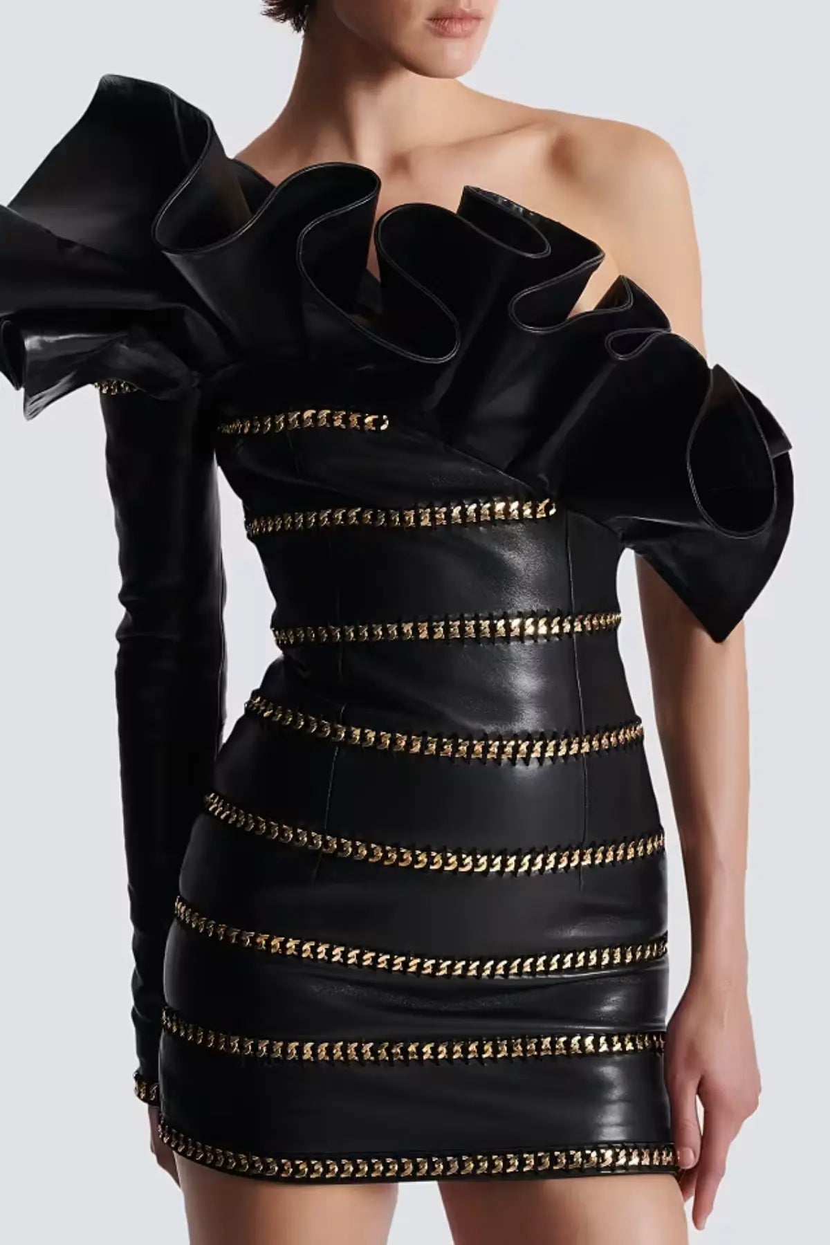 One Shoulder Leather Ruffle Mini Dress