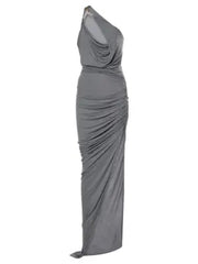 One-Shoulder Sleeveless Ruched Bodycon Maxi Dress in Grey