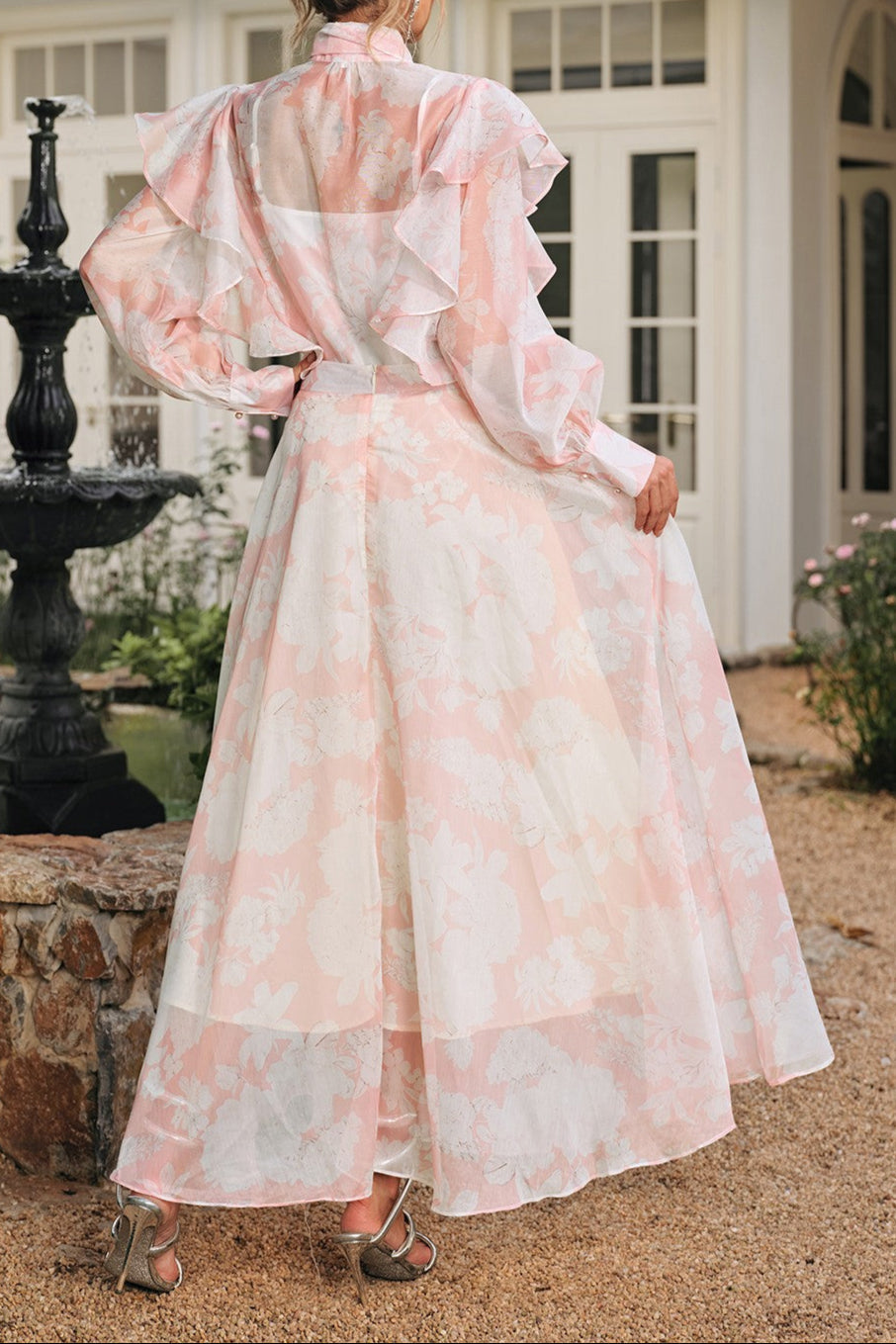 High Neck Floral Organza BlouSequin Maxi Skirt Set in Pink