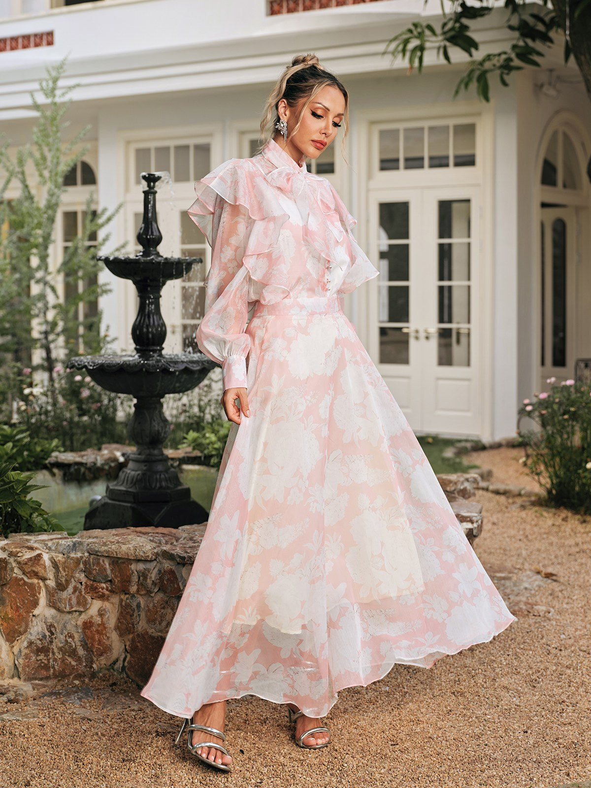 High Neck Floral Organza BlouSequin Maxi Skirt Set in Pink