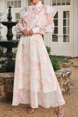 High Neck Floral Organza BlouSequin Maxi Skirt Set in Pink