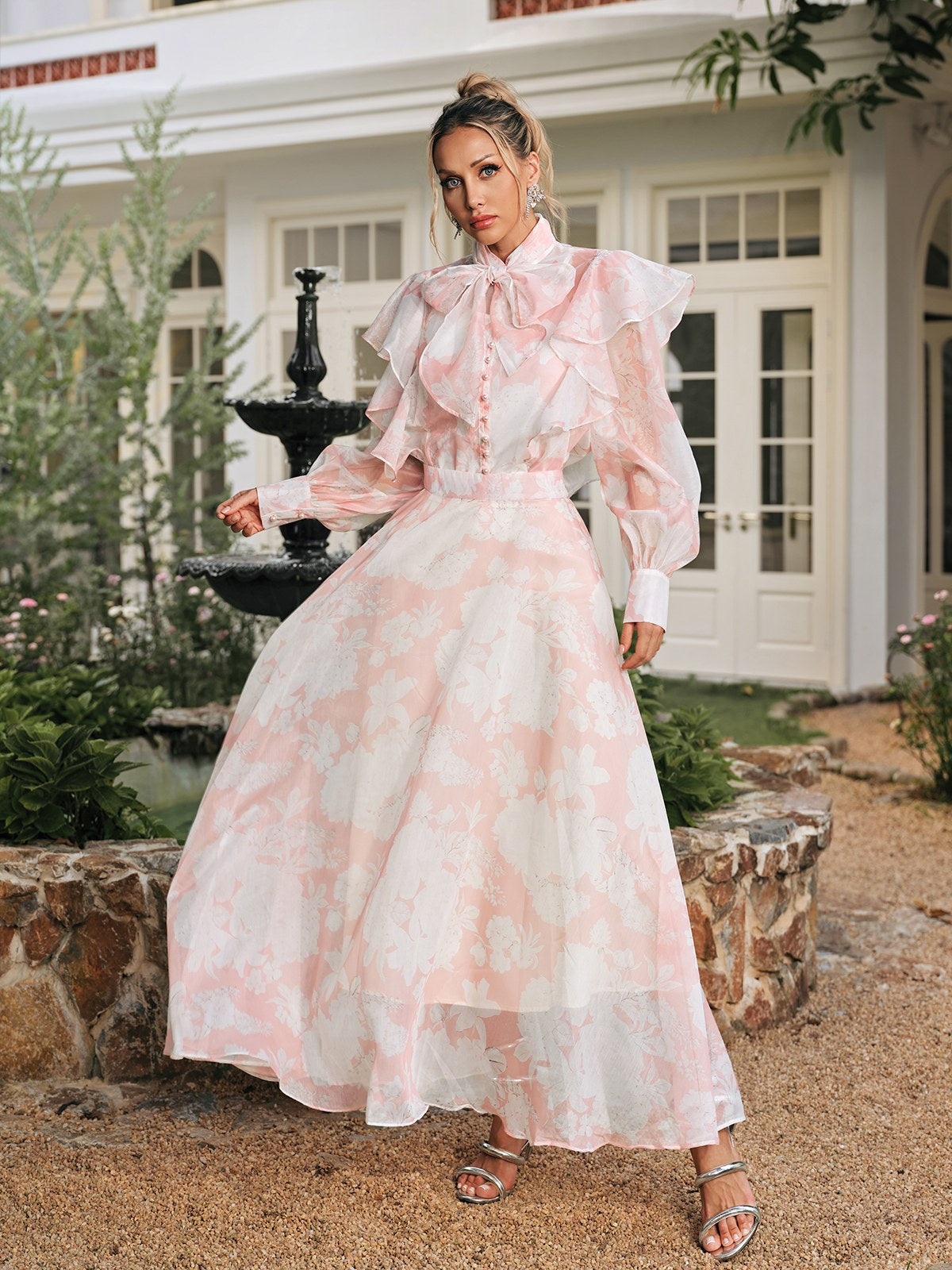 High Neck Floral Organza BlouSequin Maxi Skirt Set in Pink