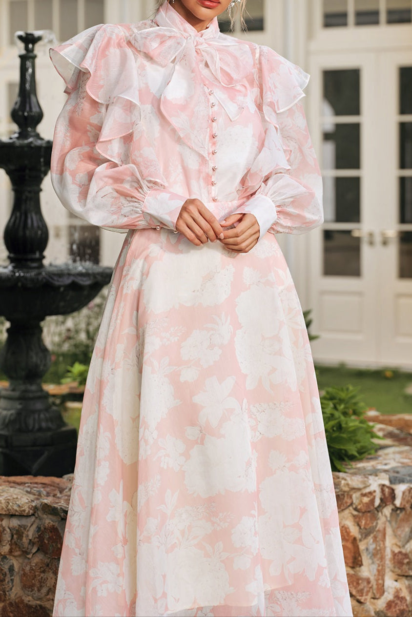 High Neck Floral Organza BlouSequin Maxi Skirt Set in Pink