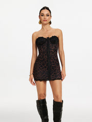 Lace-Trim Mesh Mini Dress in Black