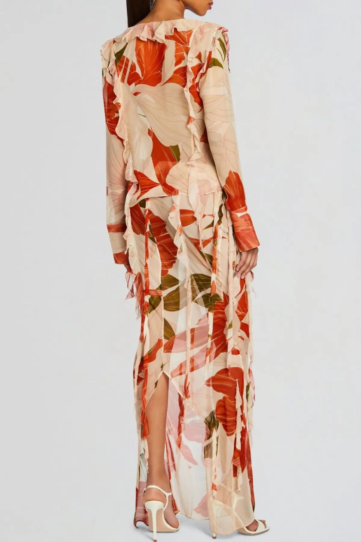 Rolana Floral Print Ruffle BlouSequin & Maxi Skirt Set
