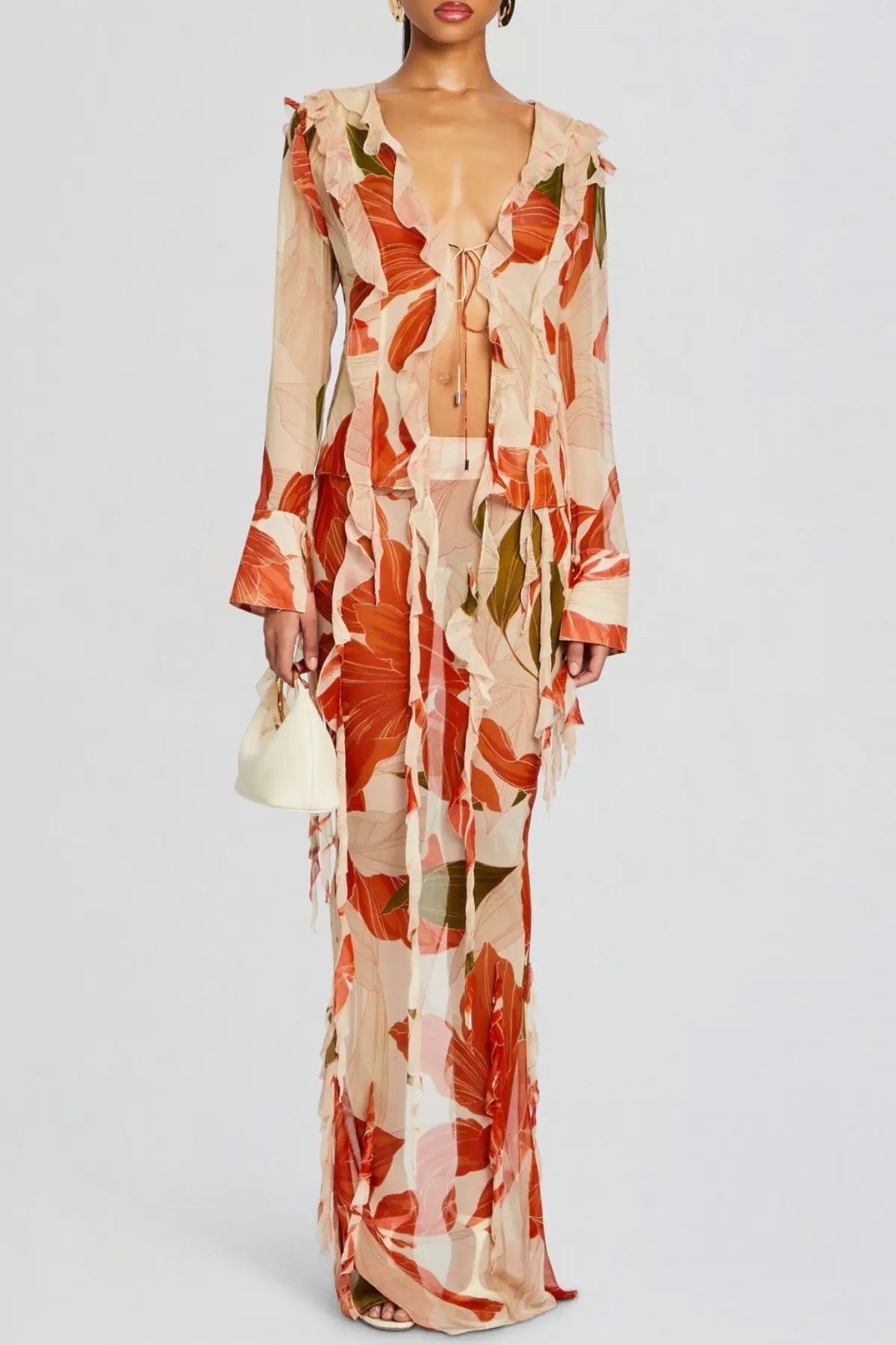 Rolana Floral Print Ruffle BlouSequin & Maxi Skirt Set