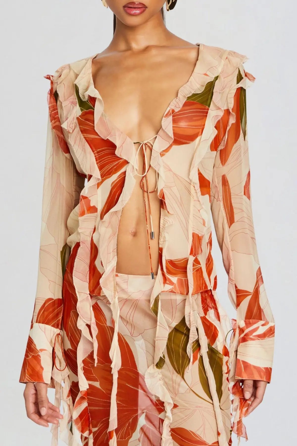 Rolana Floral Print Ruffle BlouSequin & Maxi Skirt Set