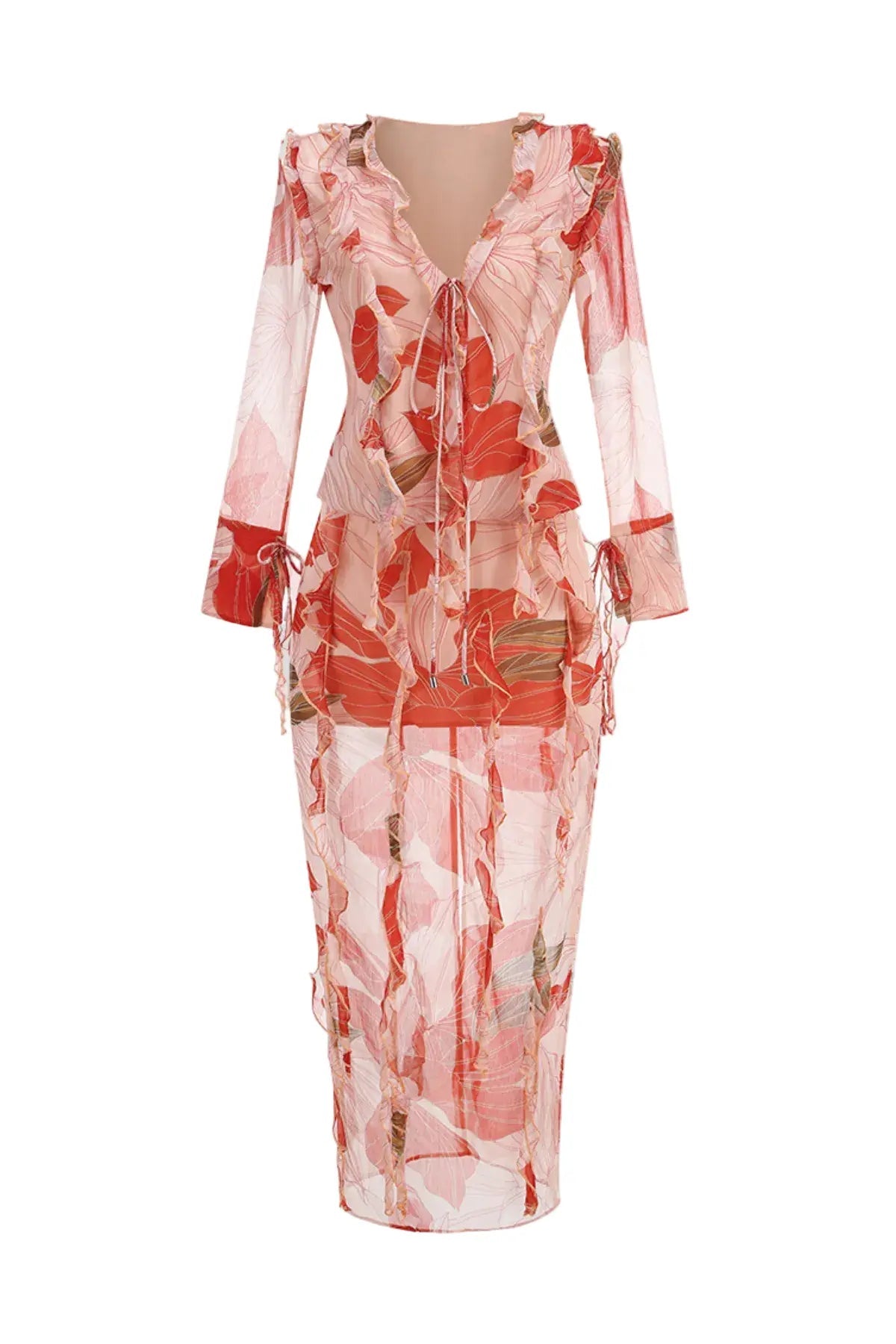 Rolana Floral Print Ruffle BlouSequin & Maxi Skirt Set