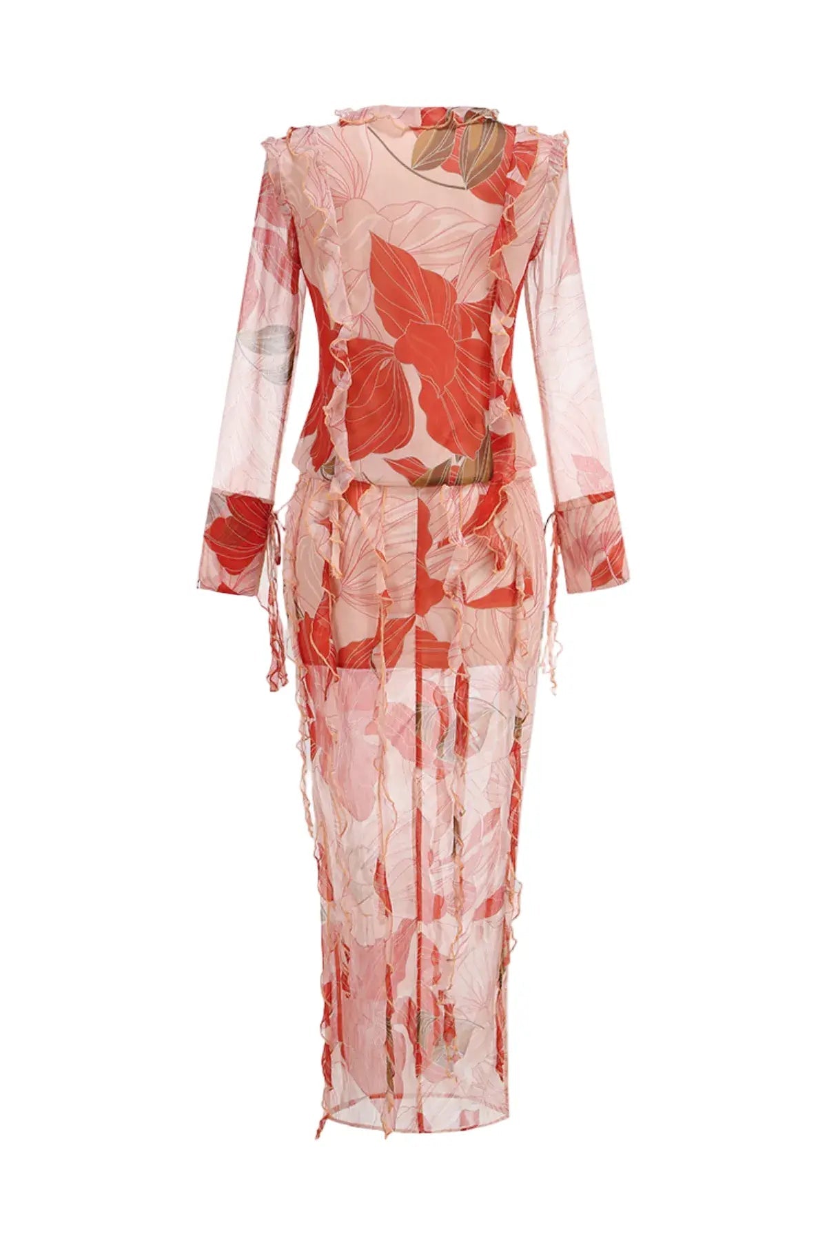 Rolana Floral Print Ruffle BlouSequin & Maxi Skirt Set