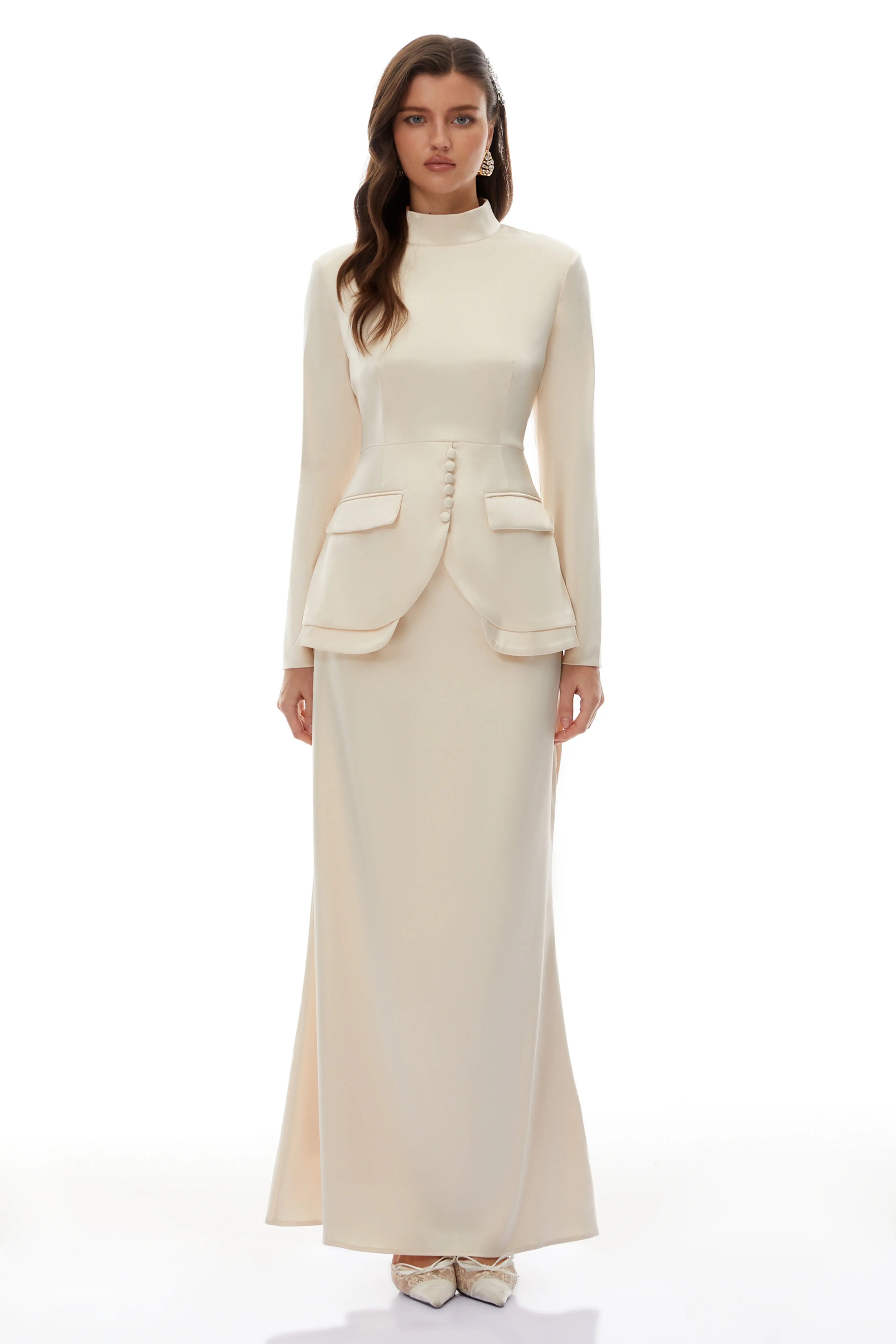 Neutral Mock Neck BlouSequin Skirt Set
